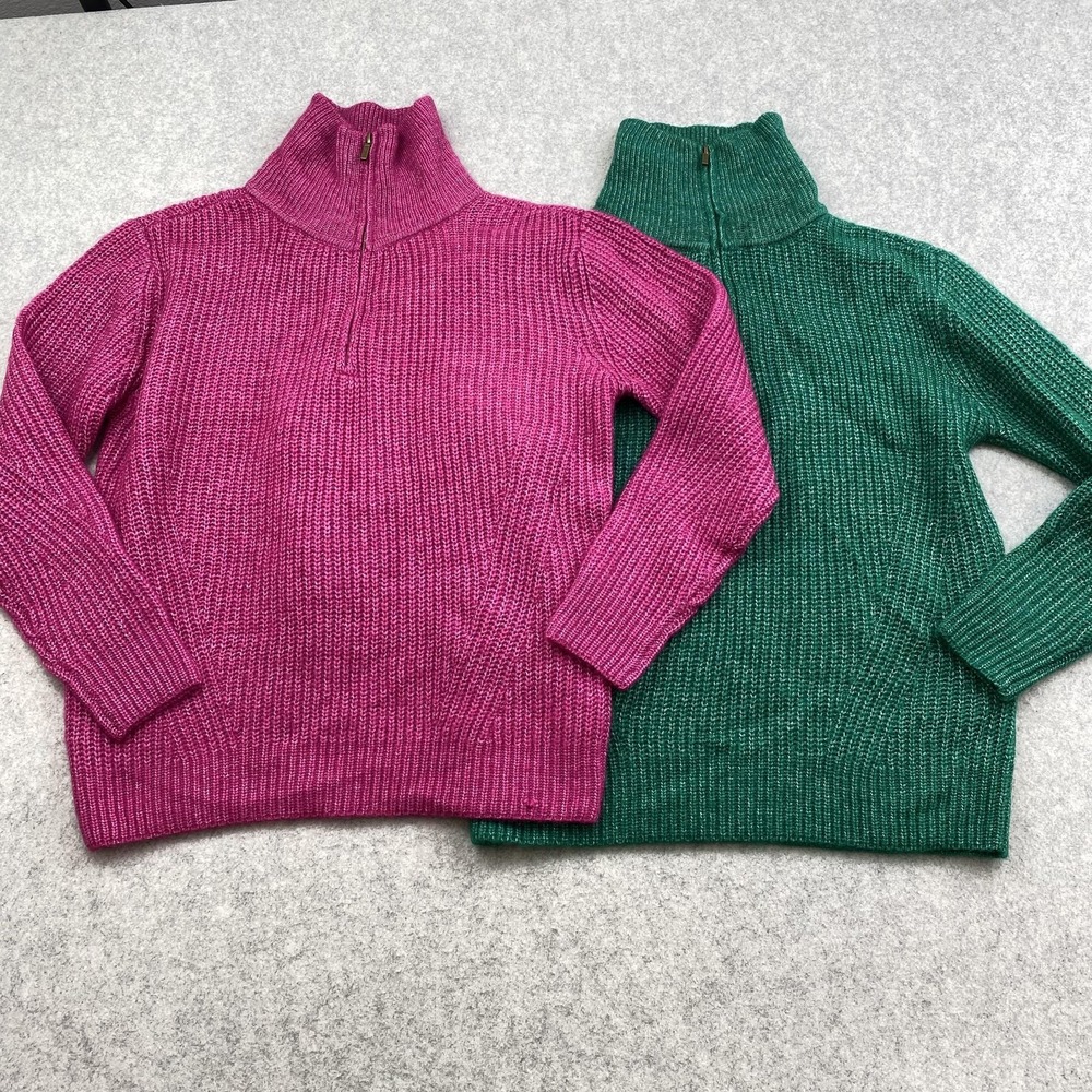 St. John's Bay Sweater (2) Womens Large Green Pink 1/4 Zip Mock Neck Chunky Knit